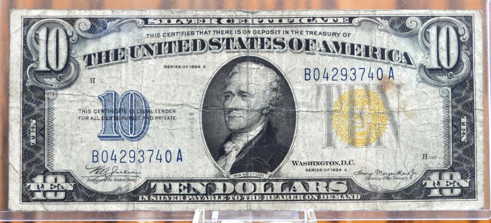 1934-A 10 Dollar North Africa Silver Certificate Yellow Seal - Choose by Grade - 1934 North Africa Ten Dollar Silver Cert 1934 Fr#2309
