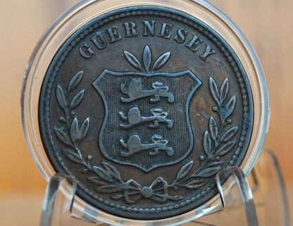 1874 Guernesey 8 Doubles, 3 Stalks - VF/XF Grade / Condition - Rare Coin, 74k Minted -