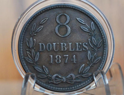 1874 Guernesey 8 Doubles, 3 Stalks - VF/XF Grade / Condition - Rare Coin, 74k Minted -
