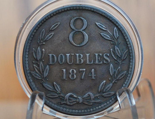 1874 Guernesey 8 Doubles, 3 Stalks - VF/XF Grade / Condition - Rare Coin, 74k Minted -