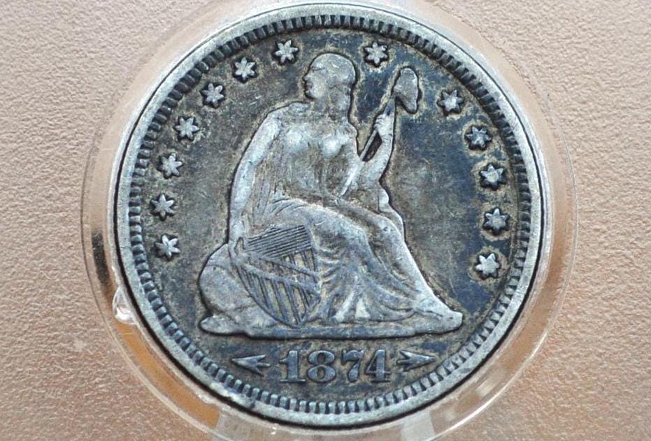 1874 Seated Liberty Quarter - VF, Nice Original Coin - 1874 Silver Quarter / 1874 Liberty Seated Quarter Dollar US - 1800s US Coins