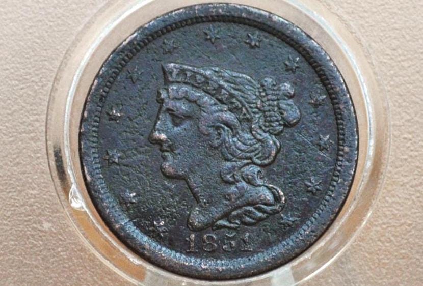 1851 Braided Hair Half Cent - XF Details, Corrosion - 1851 US Half Cent - 1851 Half Penny - US Half Cents