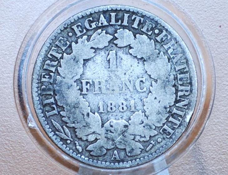 1881 French 1 Franc Coin Silver, Lower Mintage Year - Great Condition -