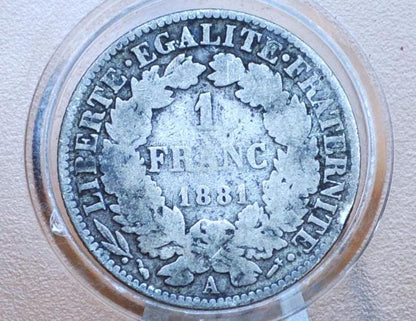 1881 French 1 Franc Coin Silver, Lower Mintage Year - Great Condition -