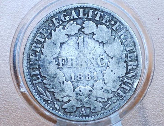 1881 French 1 Franc Coin Silver, Lower Mintage Year - Great Condition -