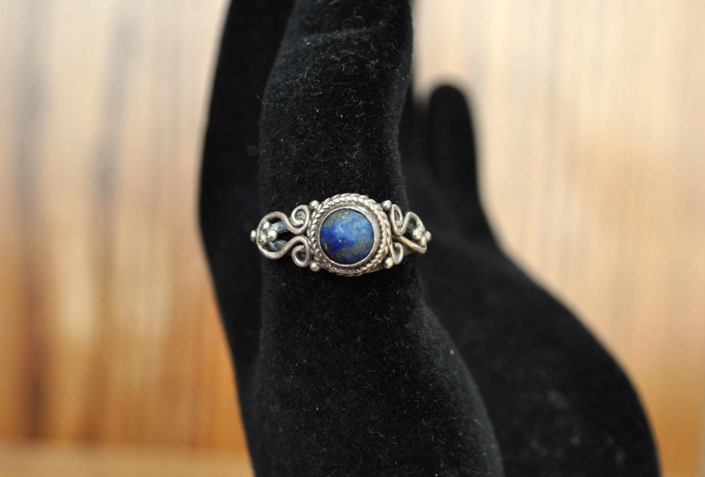 Rare Jonber Sterling Silver 925 Lapis Lazuli Circle Ring - Size 6 - Decorative Scroll and bead Design Ring