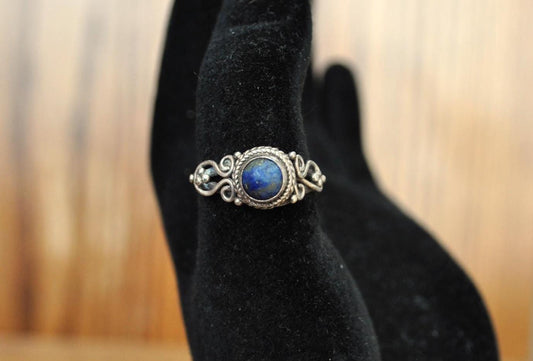Rare Jonber Sterling Silver 925 Lapis Lazuli Circle Ring - Size 6 - Decorative Scroll and bead Design Ring