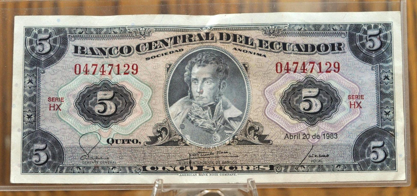 1983 Banco Central Del Ecuador 5 Sucre Note - Uncirculated Grade - Series HX - UNC 1983 Ecuadorian Five Sucres Cinco Sucres Note - P#108b