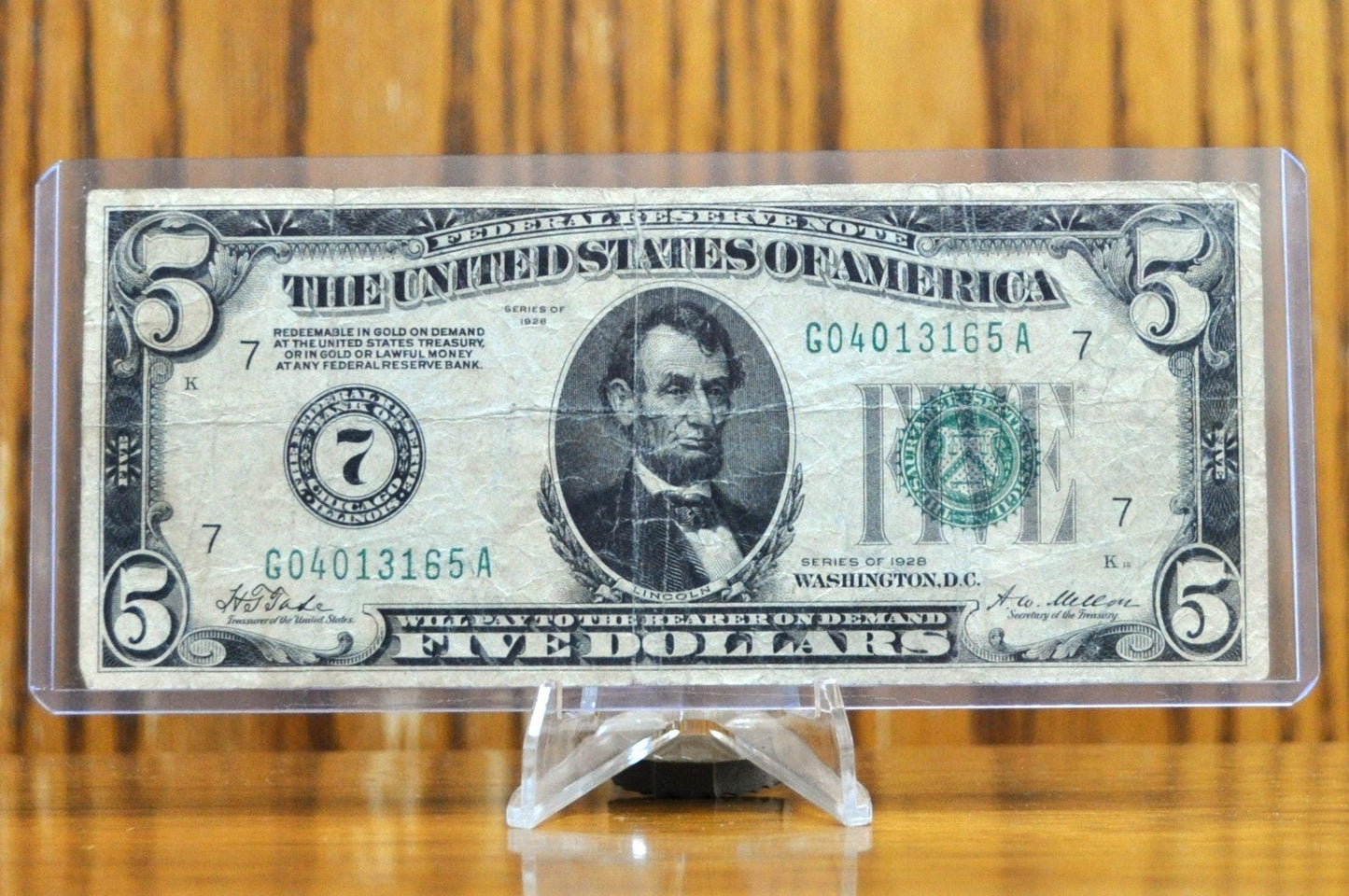 1928 5 Dollar Federal Reserve Numeral Note - Very Fine (VF) - Chicago (7) Issue - Redeemable In Gold - 1928 Five Dollar Bill- Fr#1950-G