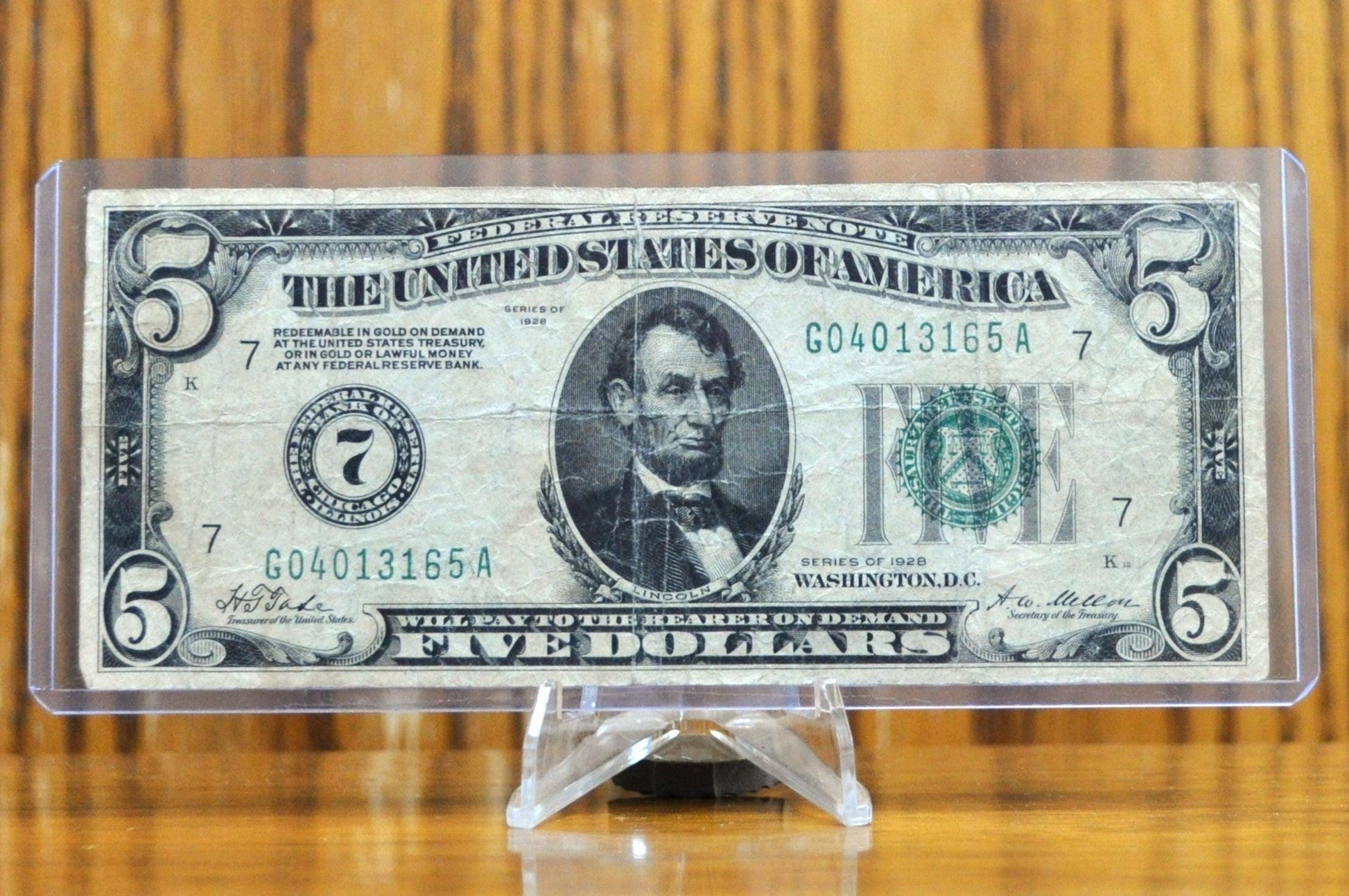 1928 5 Dollar Federal Reserve Numeral Note - Very Fine (VF) - Chicago (7) Issue - Redeemable In Gold - 1928 Five Dollar Bill- Fr#1950-G