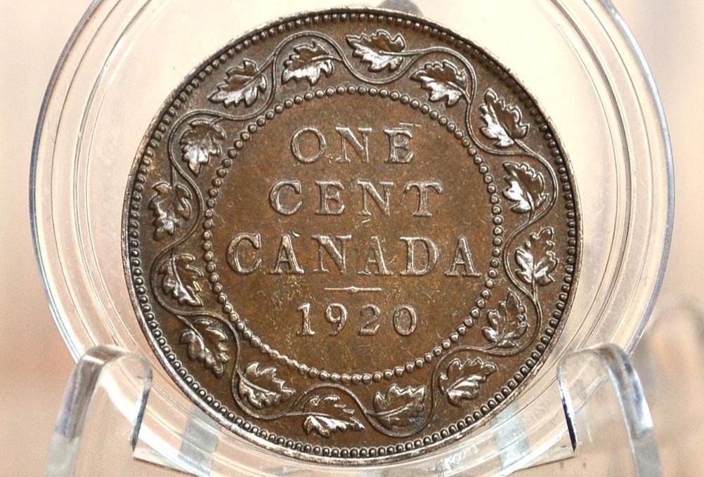 1920 Canadian Cent - Choose by Grade - VF-XF (Very to Extremely Fine) - King George V One Cent Canada 1920 Large Size - 1920 Canadian Penny
