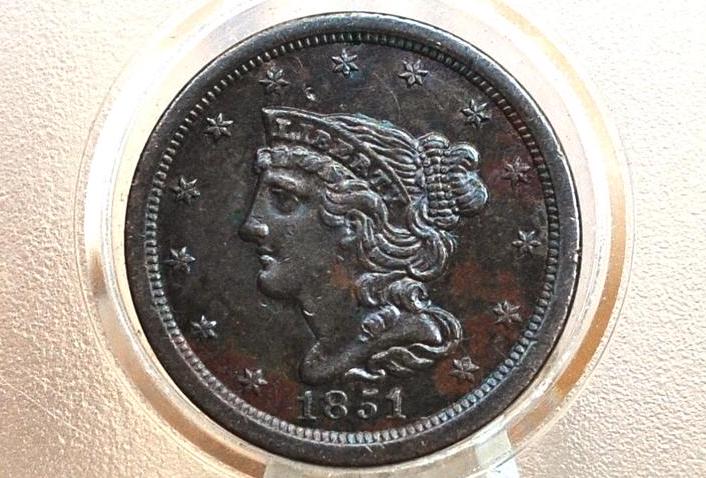 1851 Braided Hair Half Cent - AU (About Uncirculated) - 1851 US Half Cent - 1851 Half Penny - US Half Cents