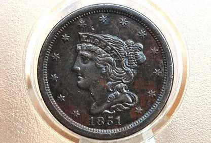 1851 Braided Hair Half Cent - AU (About Uncirculated) - 1851 US Half Cent - 1851 Half Penny - US Half Cents