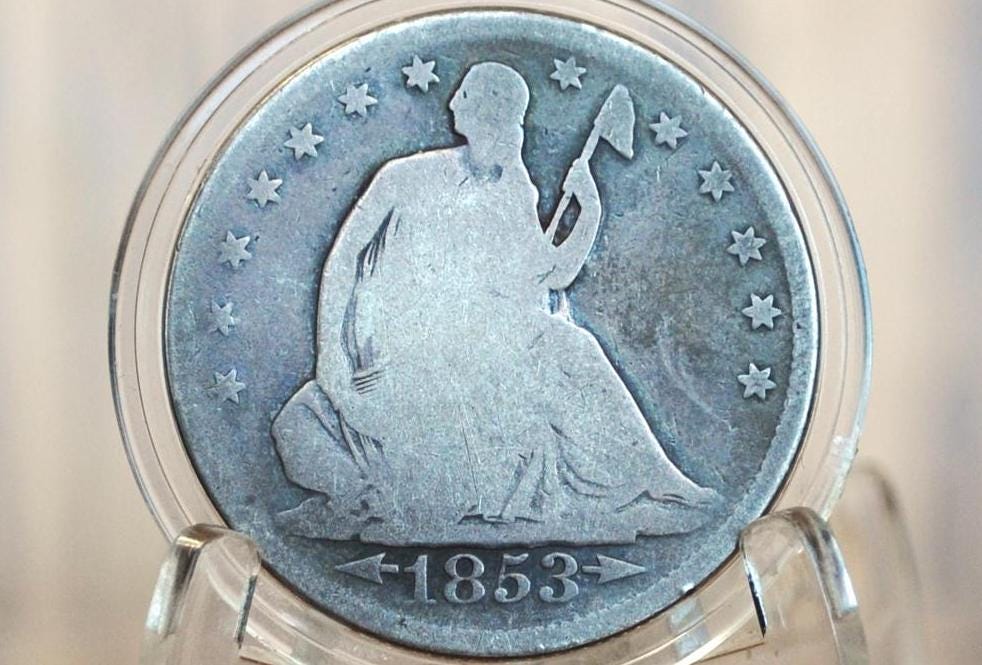 1853 Seated Liberty Half Dollar - VG - 1853 Liberty Seated Silver Half Dollar 1853 - All TreasureHunterCo. Coins are Authentic