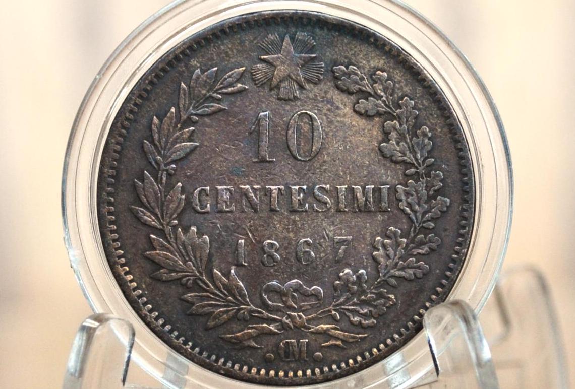 1867 Italian 10 Centesimi - Great Condition (VF) - 1867 10 Cent Coin Italy - Vittorio Emanuele II - Copper