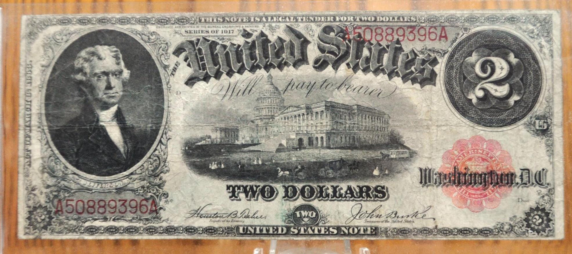 1917 2 Dollar Legal Tender Note - Fine Grade - Red Seal, Teehee/Burke Signature, Rarer Note, 1917 Horse Blanket Note Two Dollar Bill, Fr#57