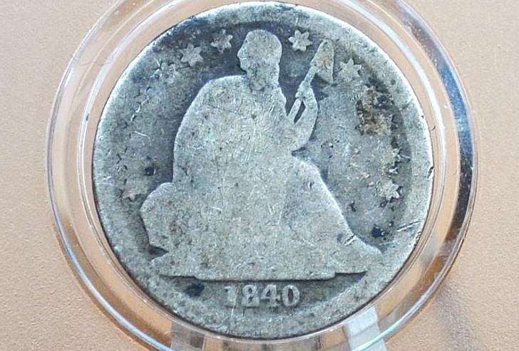 1840 Seated Liberty Dime - AG/G (About Good) - Rarer Date, No Drapery 1840 Silver Dime / 1840 Liberty Seated Dime