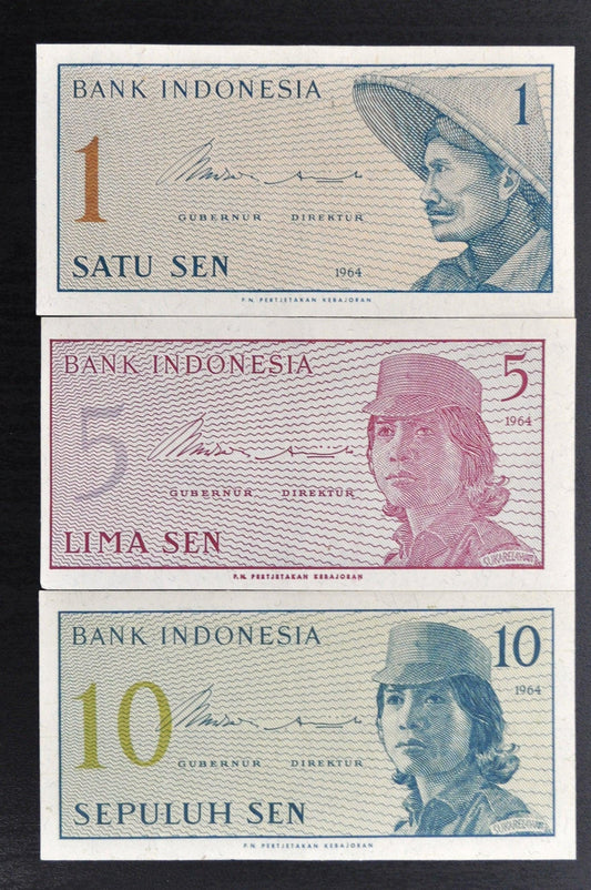 Set of 3 1964 Bank Indonesia Sen Set - 1, 5, and 10 Sen - Uncirculated Full Set - 1964 Indonesian Sen Fractional Note Set