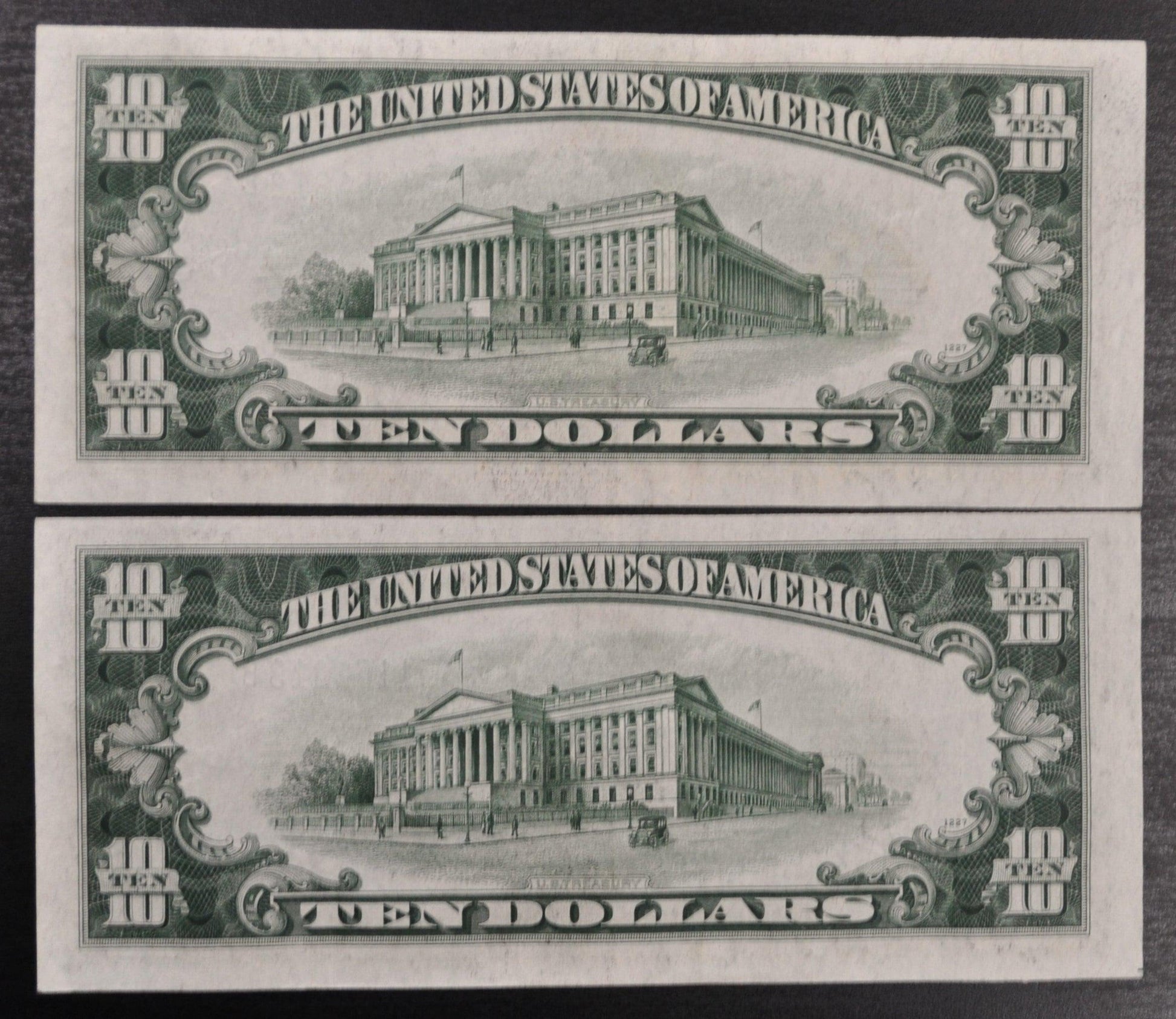 Pair of 1934-D 10 Dollar Federal Reserve Notes - Consecutive Serial Numbers - 1934 D Green Seal 10 Dollar Consecutive Set of 2 - Fr#2009-A