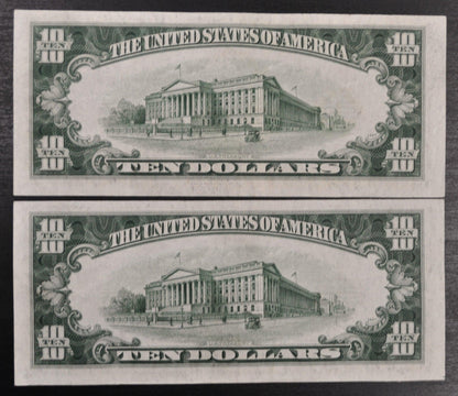 Pair of 1934-D 10 Dollar Federal Reserve Notes - Consecutive Serial Numbers - 1934 D Green Seal 10 Dollar Consecutive Set of 2 - Fr#2009-A