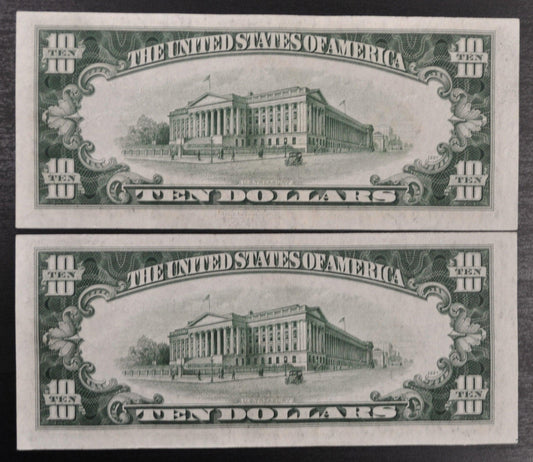 Pair of 1934-D 10 Dollar Federal Reserve Notes - Consecutive Serial Numbers - 1934 D Green Seal 10 Dollar Consecutive Set of 2 - Fr#2009-A