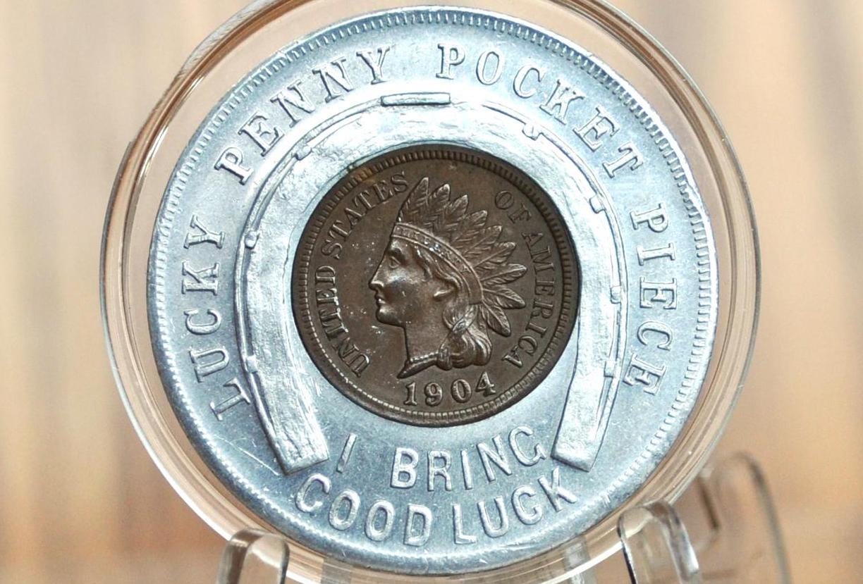 1904 St. Louis Worlds Fair Good Luck Token, Amazing Condition - Mascot Penny - I Bring Good Luck - Good Luck Charm 1904 Encased Penny