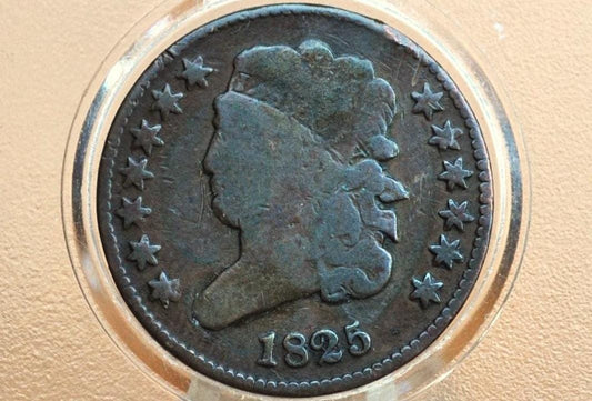1825 Half Cent - VG (Very Good) Condition / Grade - Classic Head Half Cent - 1825 Classic Head Cent - 1825 Half Penny, Very Low Mintage Date