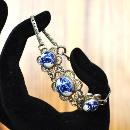 Authentic Sterling Silver Delft Porcelain Bracelet - 7in Length - Signed Delft Porcelain - Vintage Delft Windmill Porcelain Bracelet 925