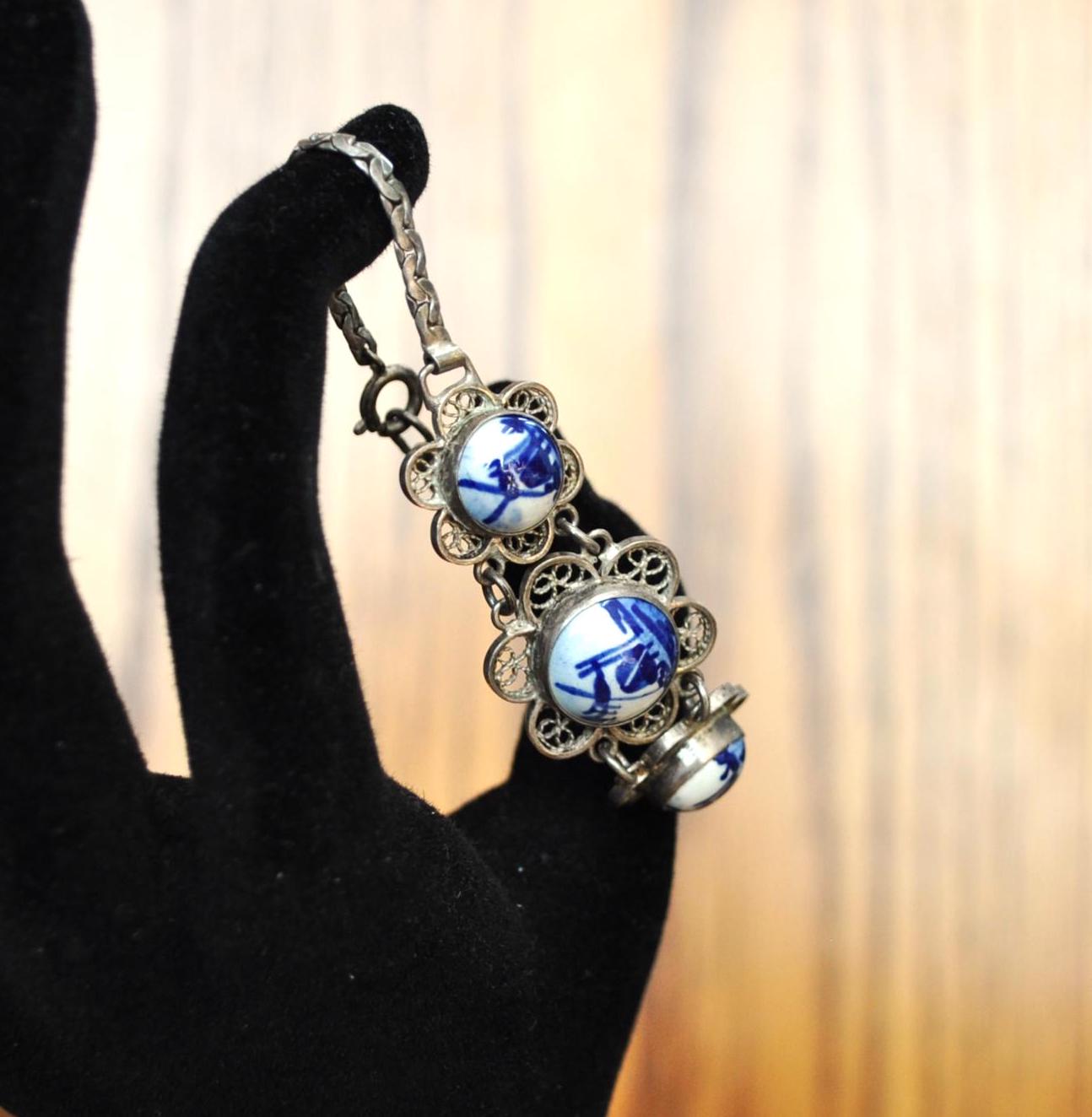 Authentic Sterling Silver Delft Porcelain Bracelet - 7in Length - Signed Delft Porcelain - Vintage Delft Windmill Porcelain Bracelet 925