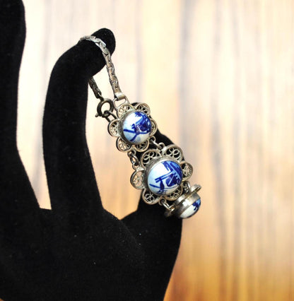 Authentic Sterling Silver Delft Porcelain Bracelet - 7in Length - Signed Delft Porcelain - Vintage Delft Windmill Porcelain Bracelet 925