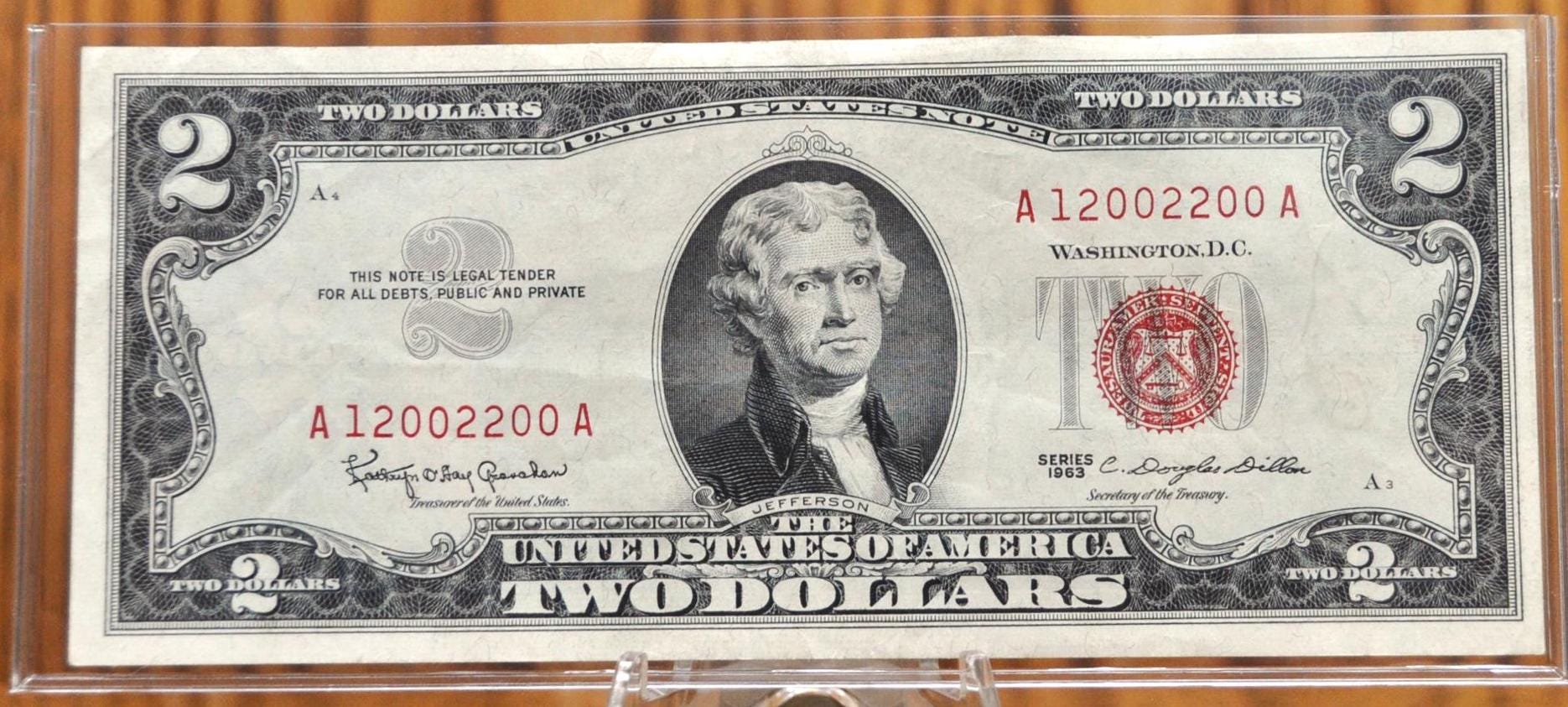 1963 Legal Tender 2 Dollar Note - XF (Extremely Fine) - Fancy Serial Number - 1963 Two Dollar Red Seal U.S. Note - Fr#1513 - A12002200A