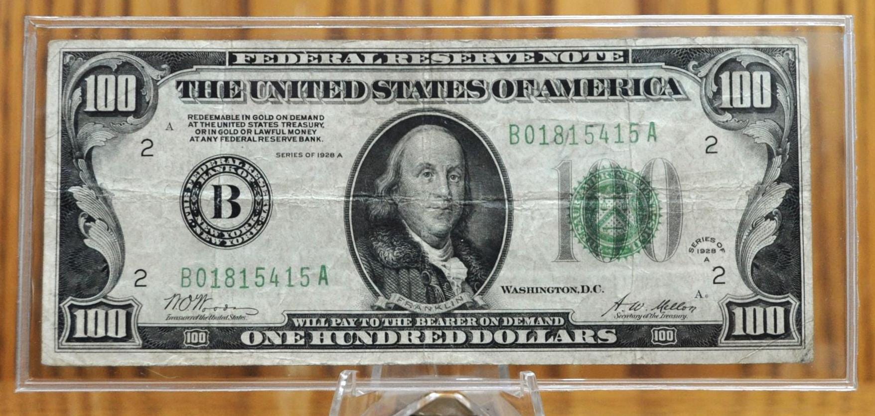 1928A Federal Reserve 100 Dollar Note - Dark Green Seal - New York (B) - Redeemable in Gold - 1928 A One Hundred Dollar NY Note - Fr.2151-B