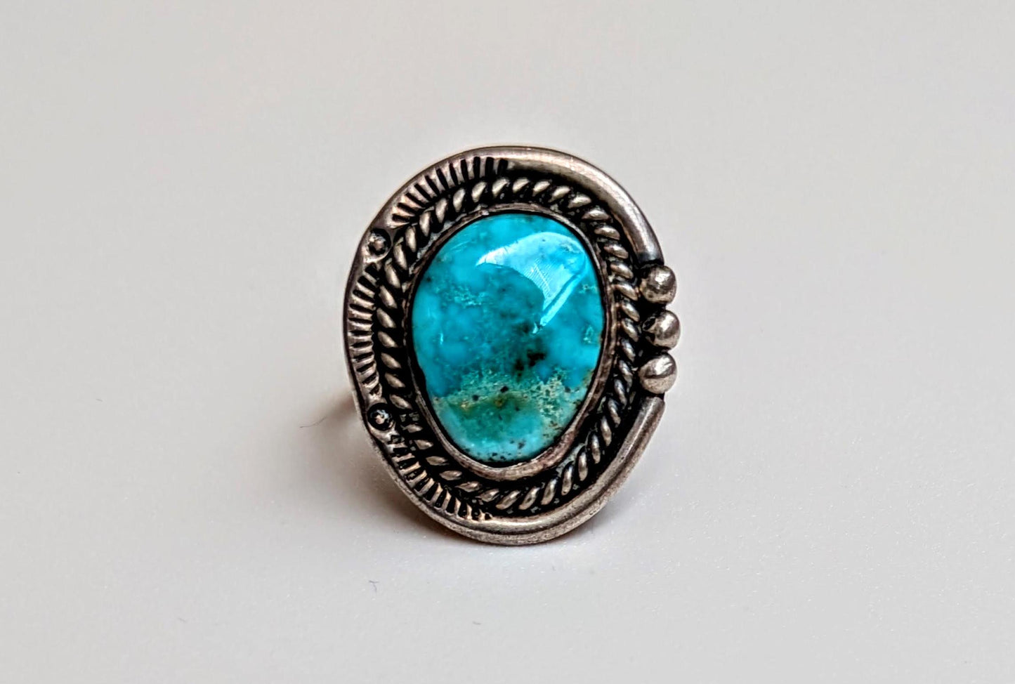 Intricate Sterling Silver Navajo Turquoise Ring - Size 6 - Bright Turquoise Ring - Coiled Dome Ring