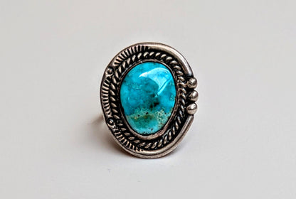Intricate Sterling Silver Navajo Turquoise Ring - Size 6 - Bright Turquoise Ring - Coiled Dome Ring