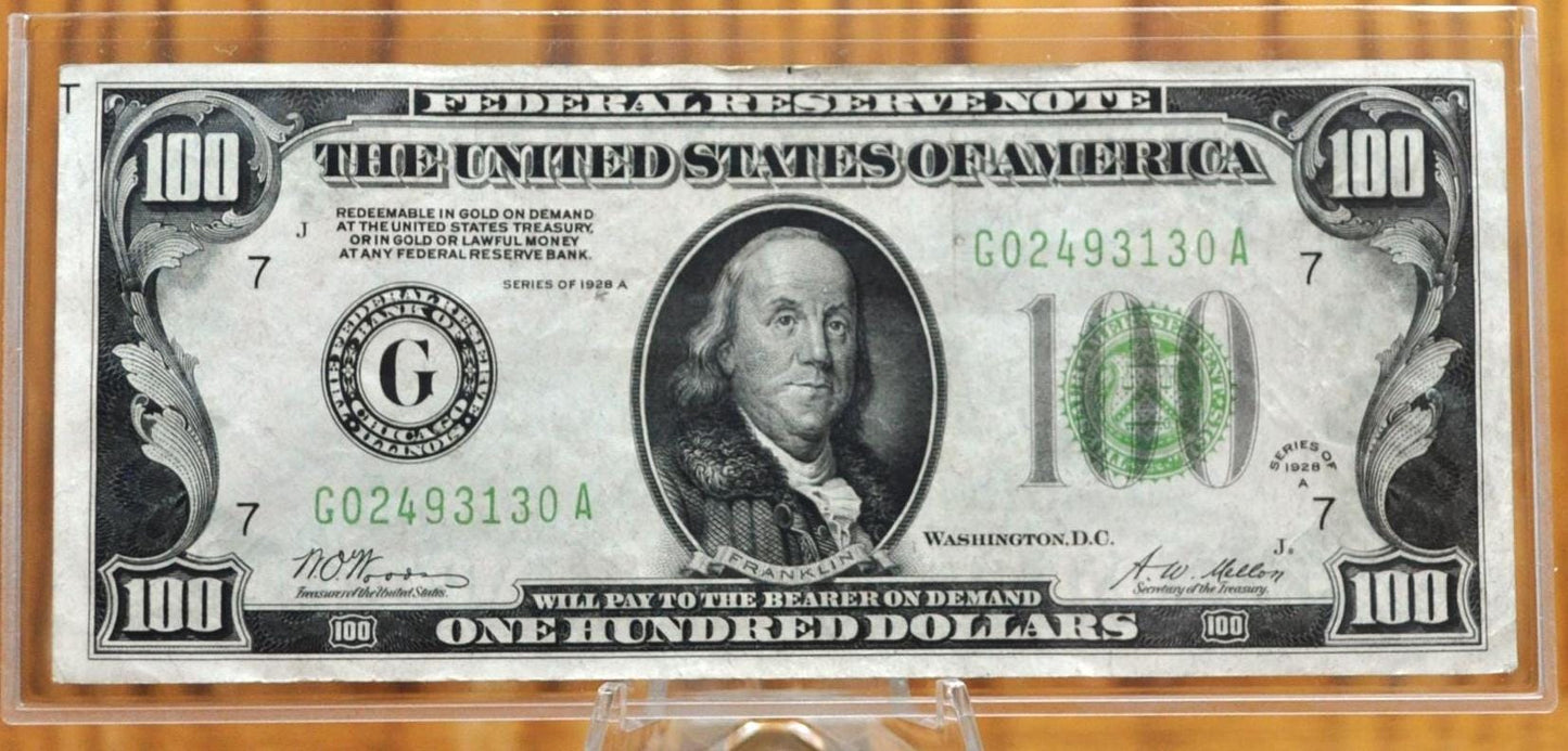 1928A Federal Reserve 100 Dollar Note - Light Green Seal - Chicago (G) - Redeemable in Gold - 1928 A One Hundred Dollar IL Note - Fr.2151-G