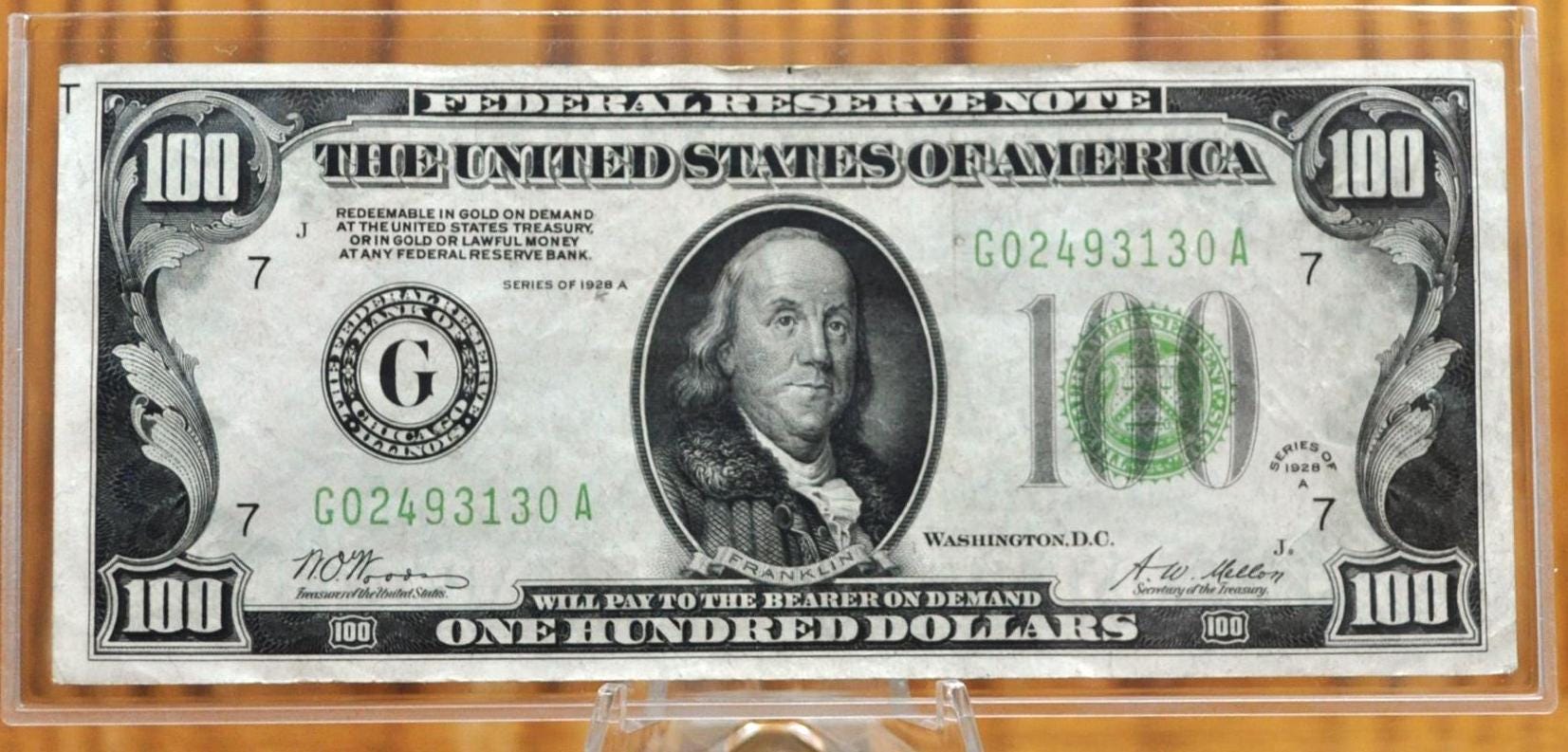 1928A Federal Reserve 100 Dollar Note - Light Green Seal - Chicago (G) - Redeemable in Gold - 1928 A One Hundred Dollar IL Note - Fr.2151-G