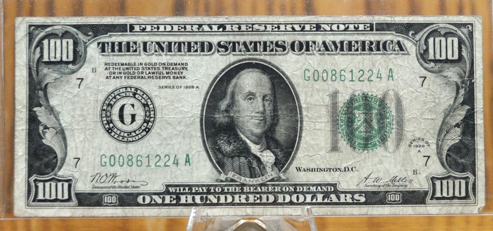 1928A Federal Reserve 100 Dollar Note - Dark Green Seal - Chicago (G) - Redeemable in Gold - 1928 A One Hundred Dollar IL Note - Fr.2151-G