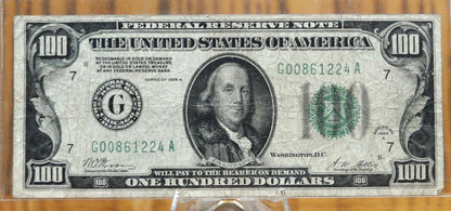 1928A Federal Reserve 100 Dollar Note - Dark Green Seal - Chicago (G) - Redeemable in Gold - 1928 A One Hundred Dollar IL Note - Fr.2151-G