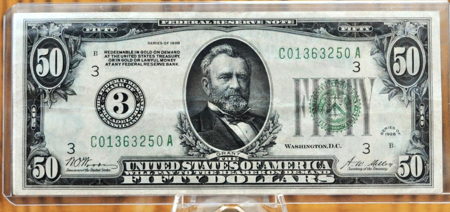 1928 Federal Reserve 50 Dollar Note - Extremely Fine (XF) - Choice of Bank - 1928 Fifty Dollar Federal Reserve Numeral Note - Fr.2100