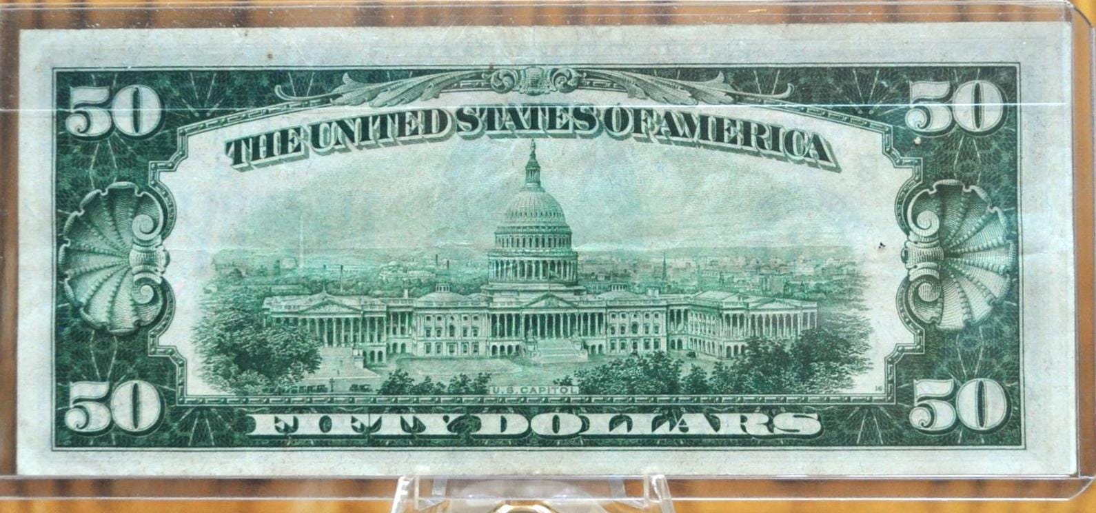 1928 Federal Reserve 50 Dollar Note - Extremely Fine (XF) - Choice of Bank - 1928 Fifty Dollar Federal Reserve Numeral Note - Fr.2100