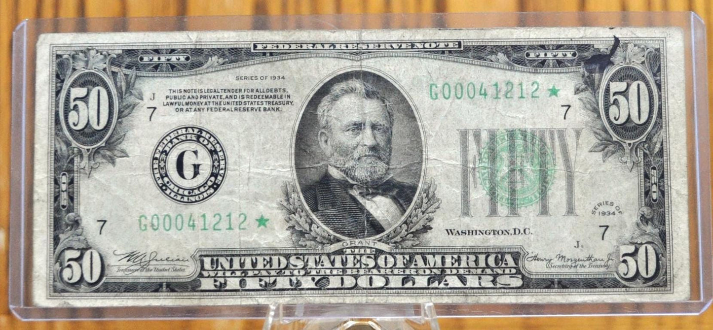 1934 Federal Reserve 50 Dollar STAR Note - Chicago (G) - Dark Green Seal - Low Serial Number - 1934 Fifty Dollar Star Note - Fr.2102-G