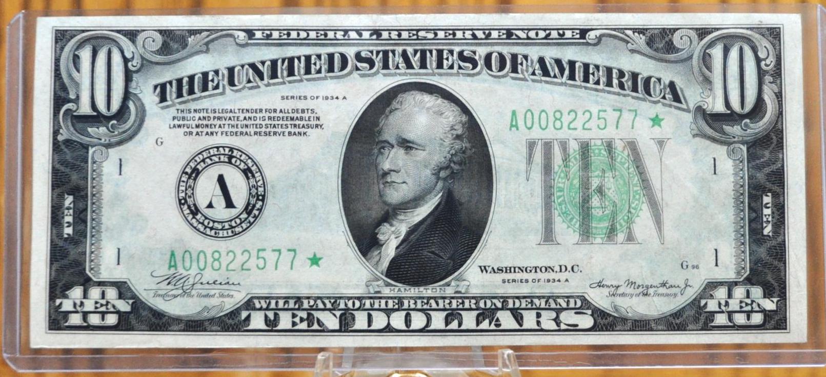 1934-A Federal Reserve 10 Dollar STAR Note - Unc. (Uncirculated) - Boston (A) Issue - 1934A Green Seal Ten Dollar Star Note - Fr#2006-A*