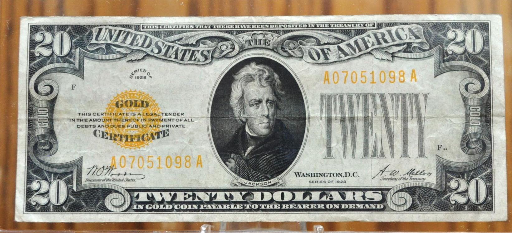 1928 US 20 Dollar Gold Certificate Note - Choice of Grade - Woods / Mellon Signed - Rarer 1928 Twenty Dollar Gold Certificate - Fr#2402