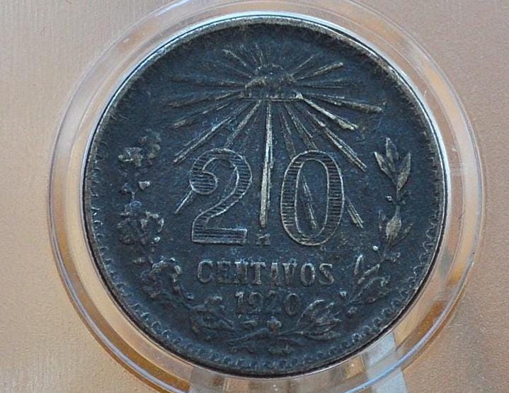 1920 20 Centavos Mexico Silver - XF (Extremely Fine) Grade/Condition - Mexican 20 Centavos 1920 Silver, Great Coin!