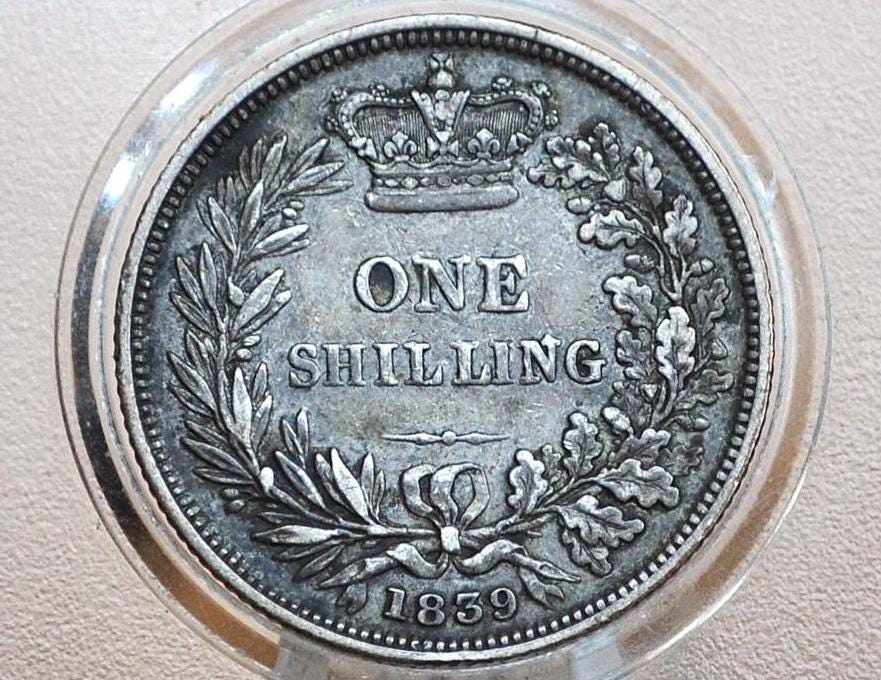 1839 Great Britain Silver 1 Shilling UK One Shilling 1839 - Very Fine Grade - Queen Victoria - Great Details - Old Silver Shilling