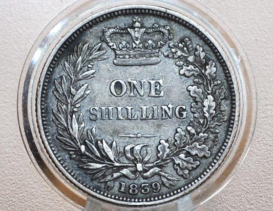 1839 Great Britain Silver 1 Shilling UK One Shilling 1839 - Very Fine Grade - Queen Victoria - Great Details - Old Silver Shilling