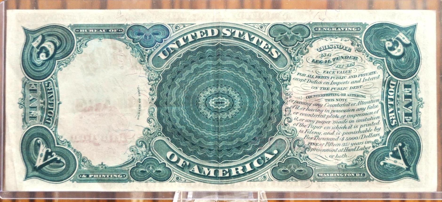 1907 5 Dollar United States Note, Woodchopper Note! Fr#88, AU Grade/Cond. 1907 Series Woodchopper 5 Dollar Bill Large Size 1907 Horseblanket