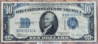 1934 10 Dollar Silver Certificate - F/VF (Fine-Very Fine) Grade / Condition - Blue Seal 1934 Ten Dollar Silver Cert - Fr#1701, Fr1701