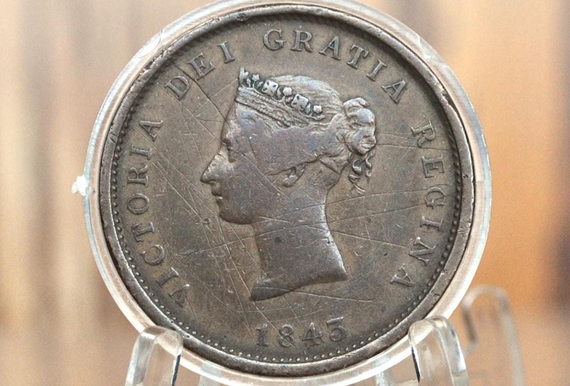 1843 New Brunswick One Penny Token - Great Detail, Scratched - Queen Victoria, Young Head New Brunswick 1 Penny 1843 Large Cent 1843 Cent NB
