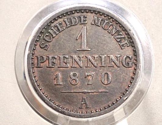 1870 Prussian 1 Pfennig Scheidemunze Coin - UNC (Uncirculated) Condition - William I -